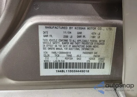 2005 Nissan Altima 3.5 Se from USA, damaged, VIN 1N4BL11D55N449018